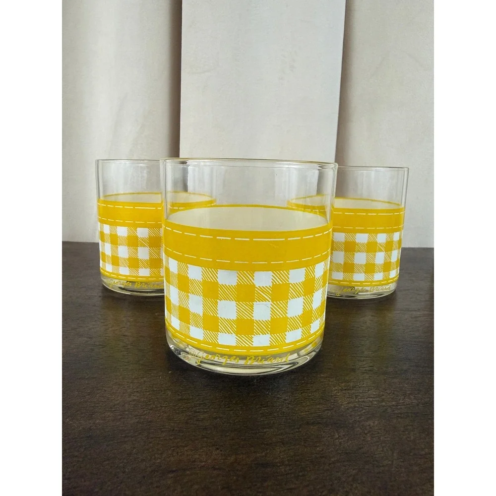 Vintage Georges Briard MCM Bar Lowball Glasses Yellow‎ Gingham Set of 3